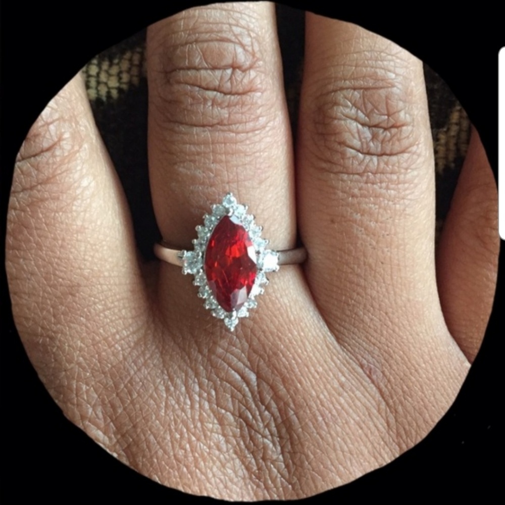 Marquise cut garnet and white topaz silver ring